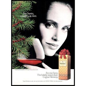 1991 Hennessy Cognac Brandy Vintage Print Ad Christmas Tree Santa is Naughty Art